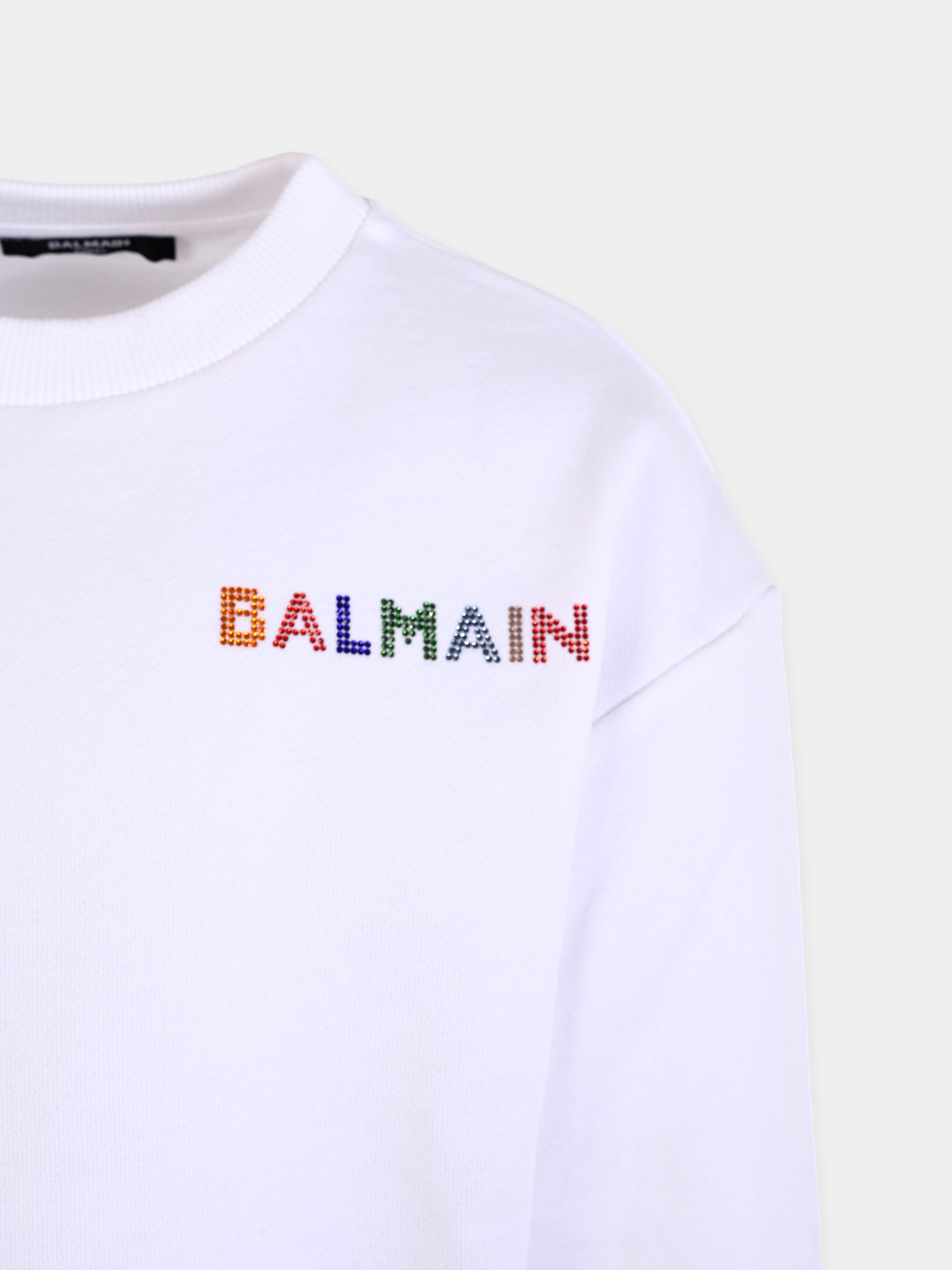 Felpa bianca per bambina con logo di strass,Balmain Kids,BX4A70-Z3183 100MC