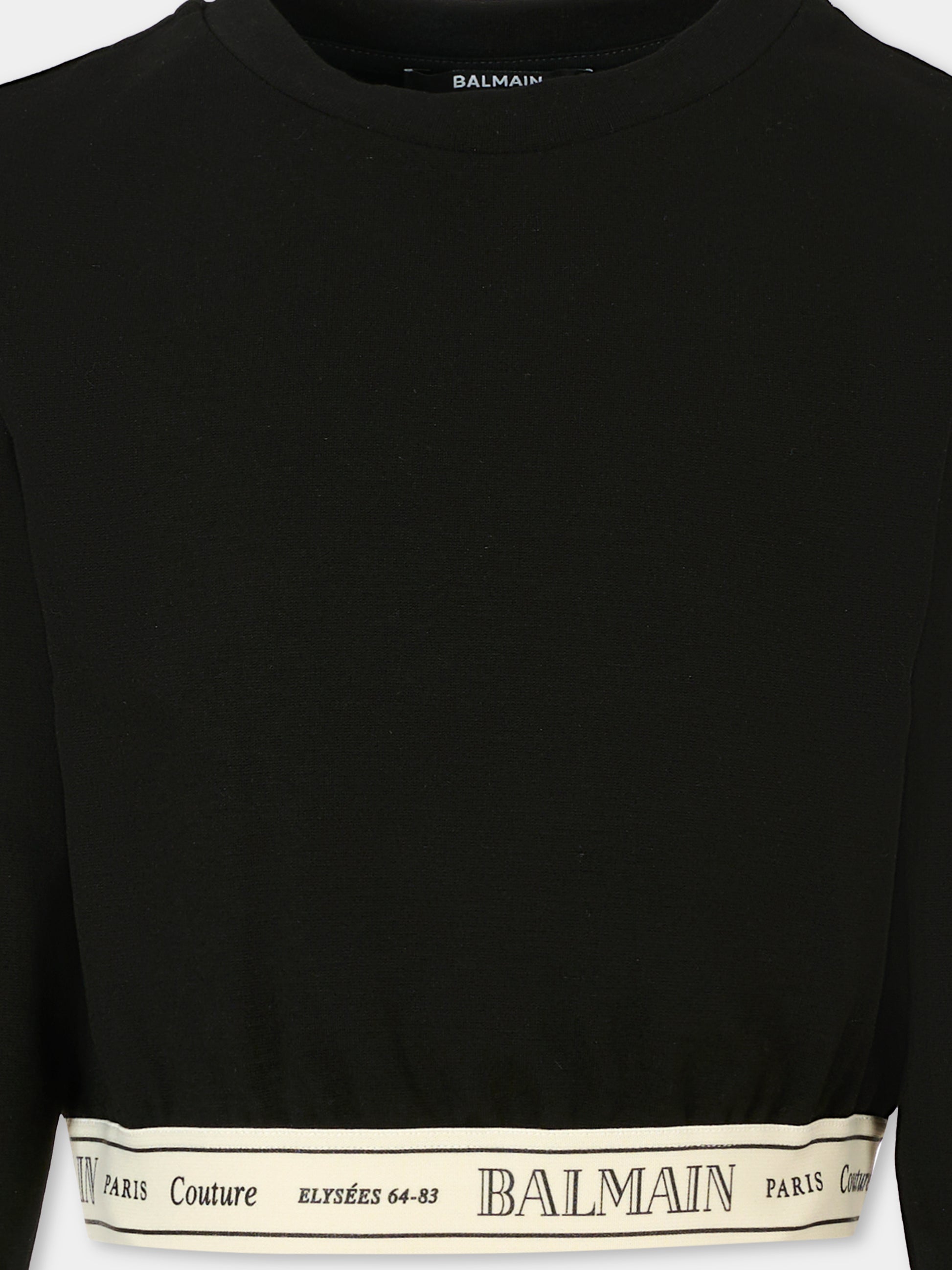 Felpa crop nera per bambina con logo,Balmain Kids,BX4B90-J0371 930AV