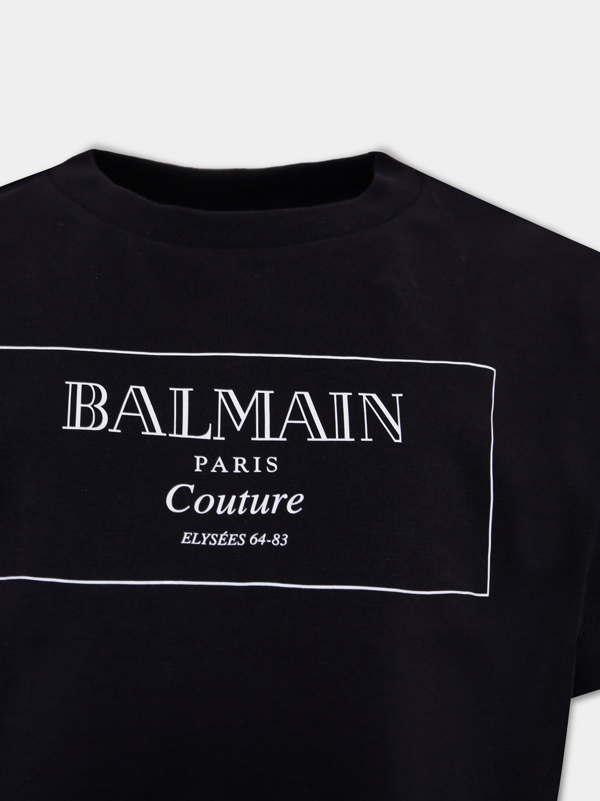 T-shirt crop nera per bambina con logo,Balmain Kids,BX8A21-Z3186 930BC
