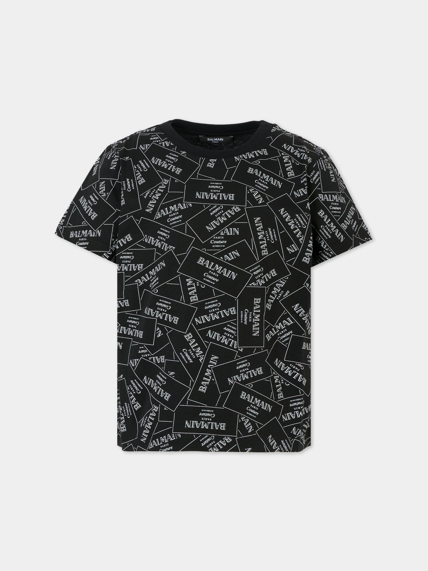 T-shirt nera per bambini con logo all over,Balmain Kids,BX8Q11-Z3186 930BC