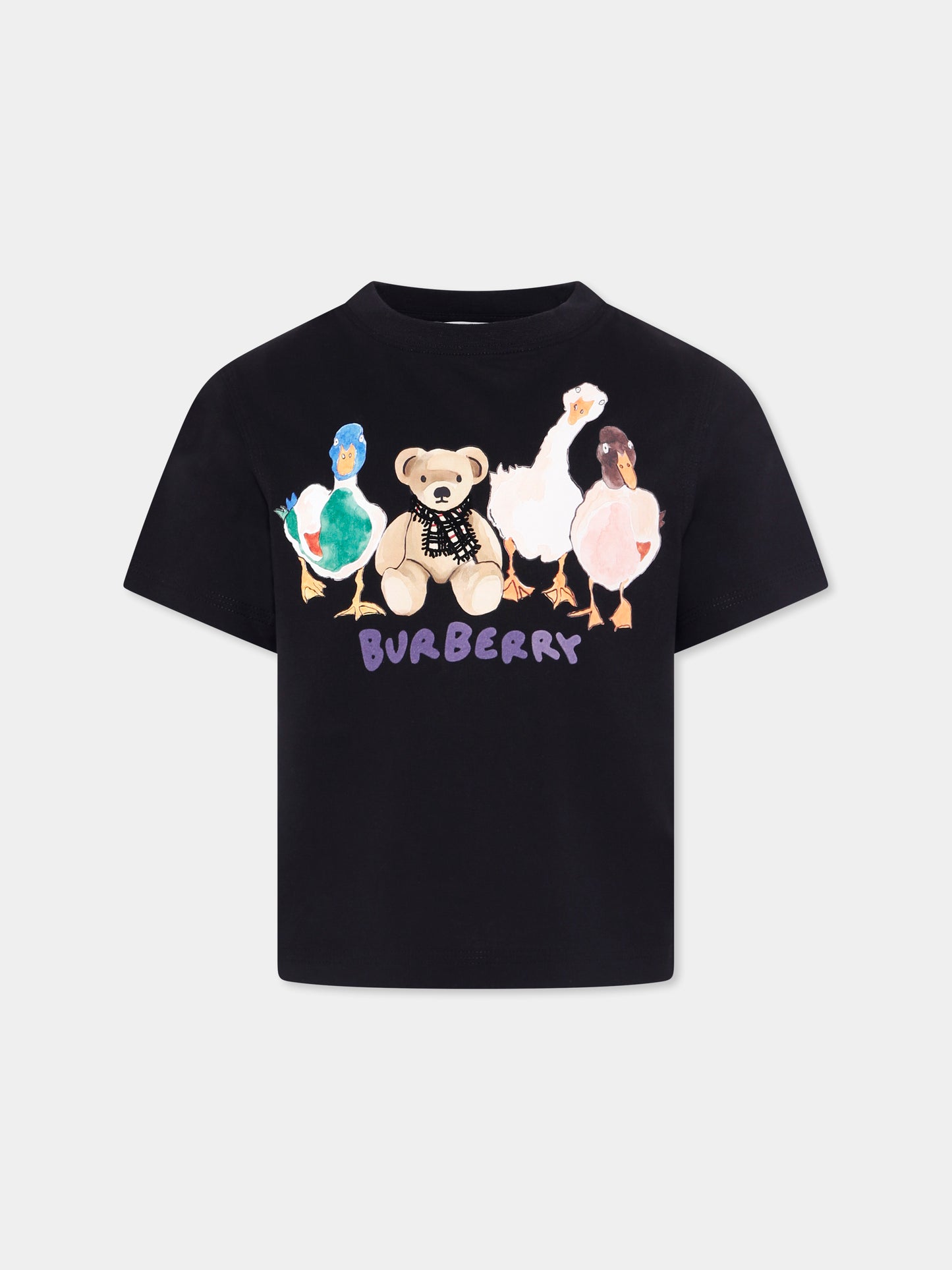 T-shirt nera per bambina con orsetto e amici animali,Burberry Kids,8113222 A1189