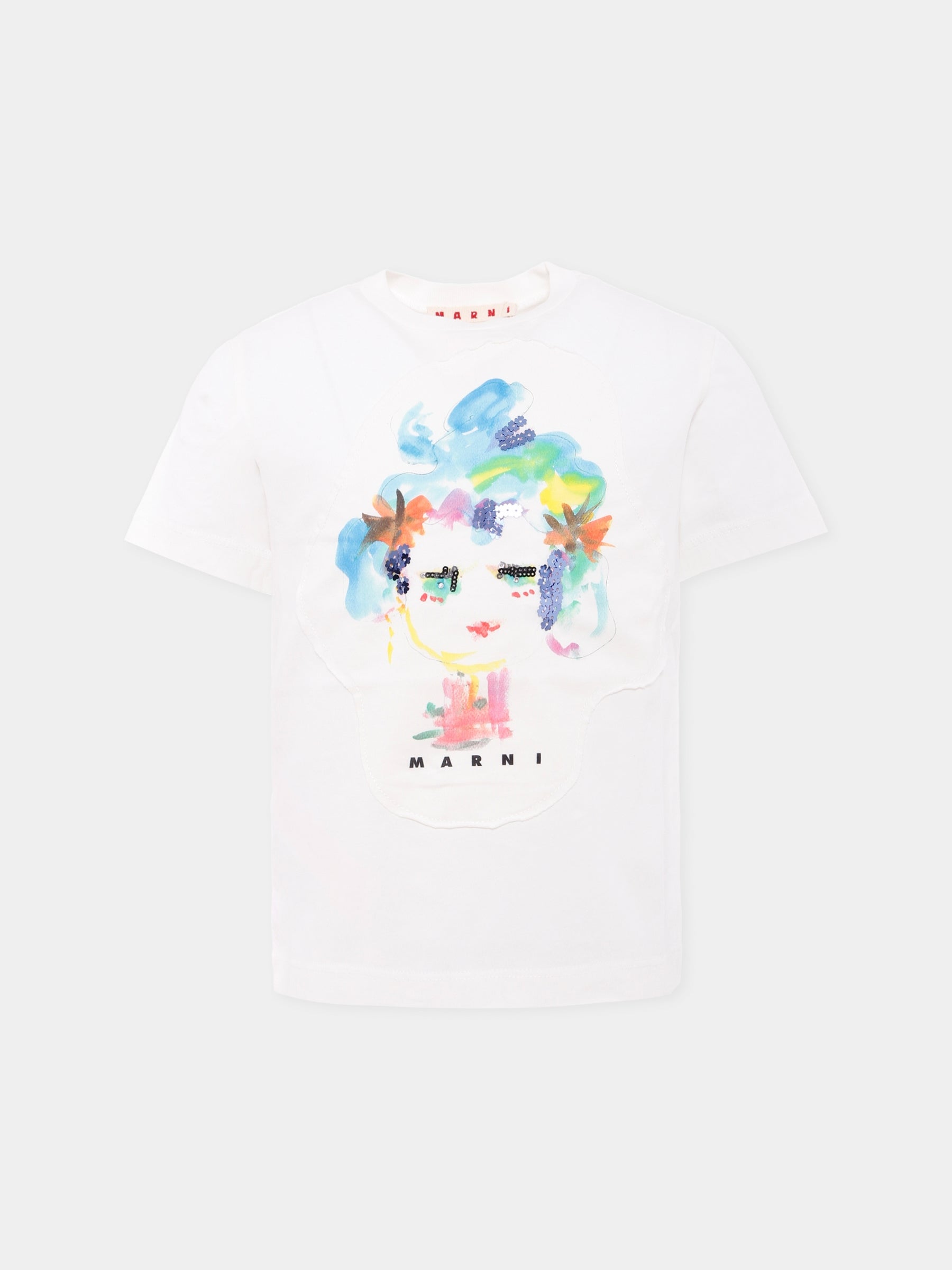 T-shirt bianca per bambina con stampa viso,Marni Kids,M01595 M00HZ 0M114