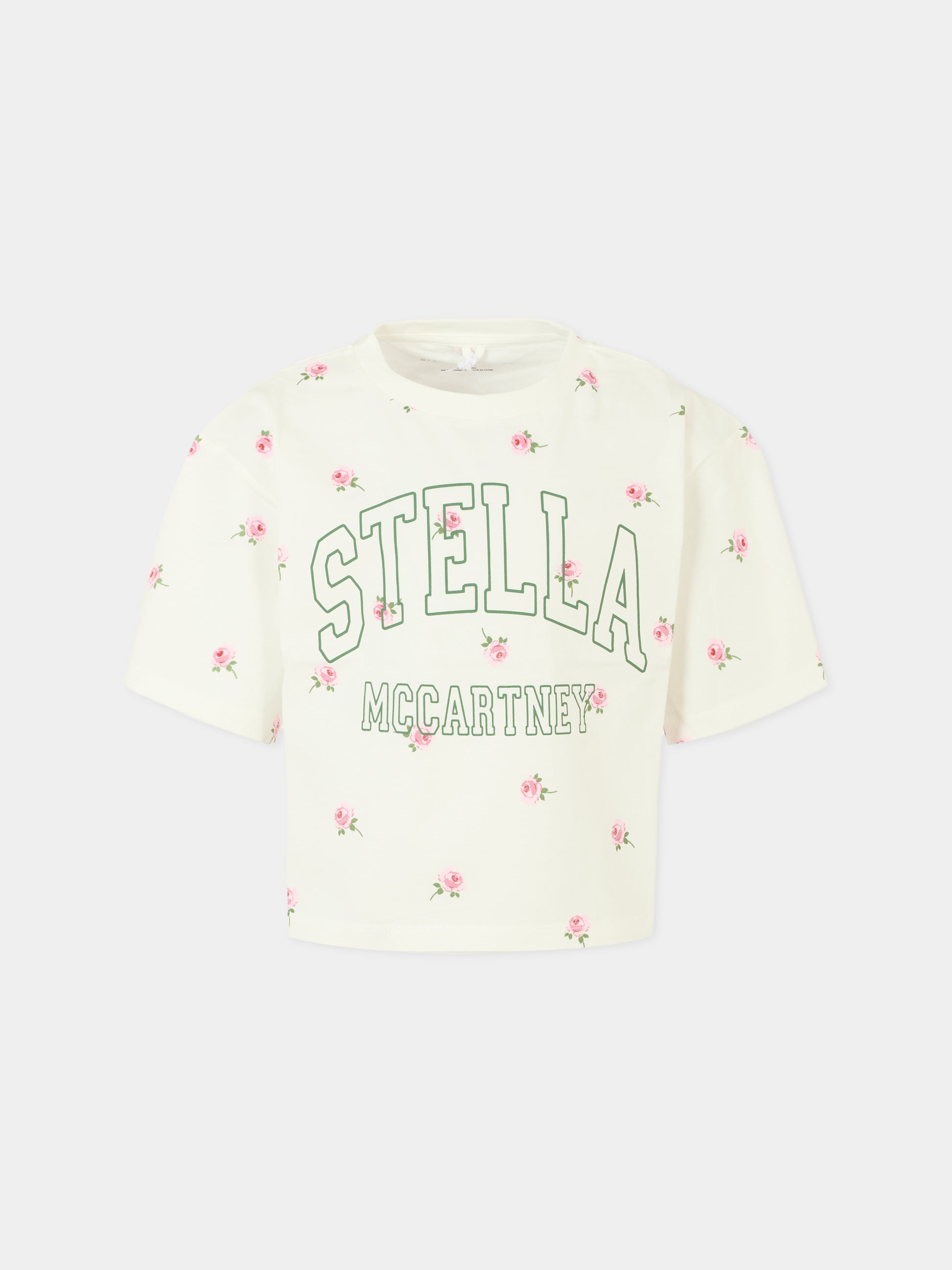 T-shirt avorio crop per bambina con fiori e logo,Stella Mccartney Kids,TX8C61 Z3101 103MC
