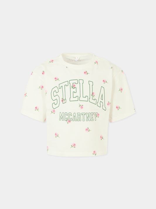 T-shirt avorio crop per bambina con fiori e logo,Stella Mccartney Kids,TX8C61 Z3101 103MC