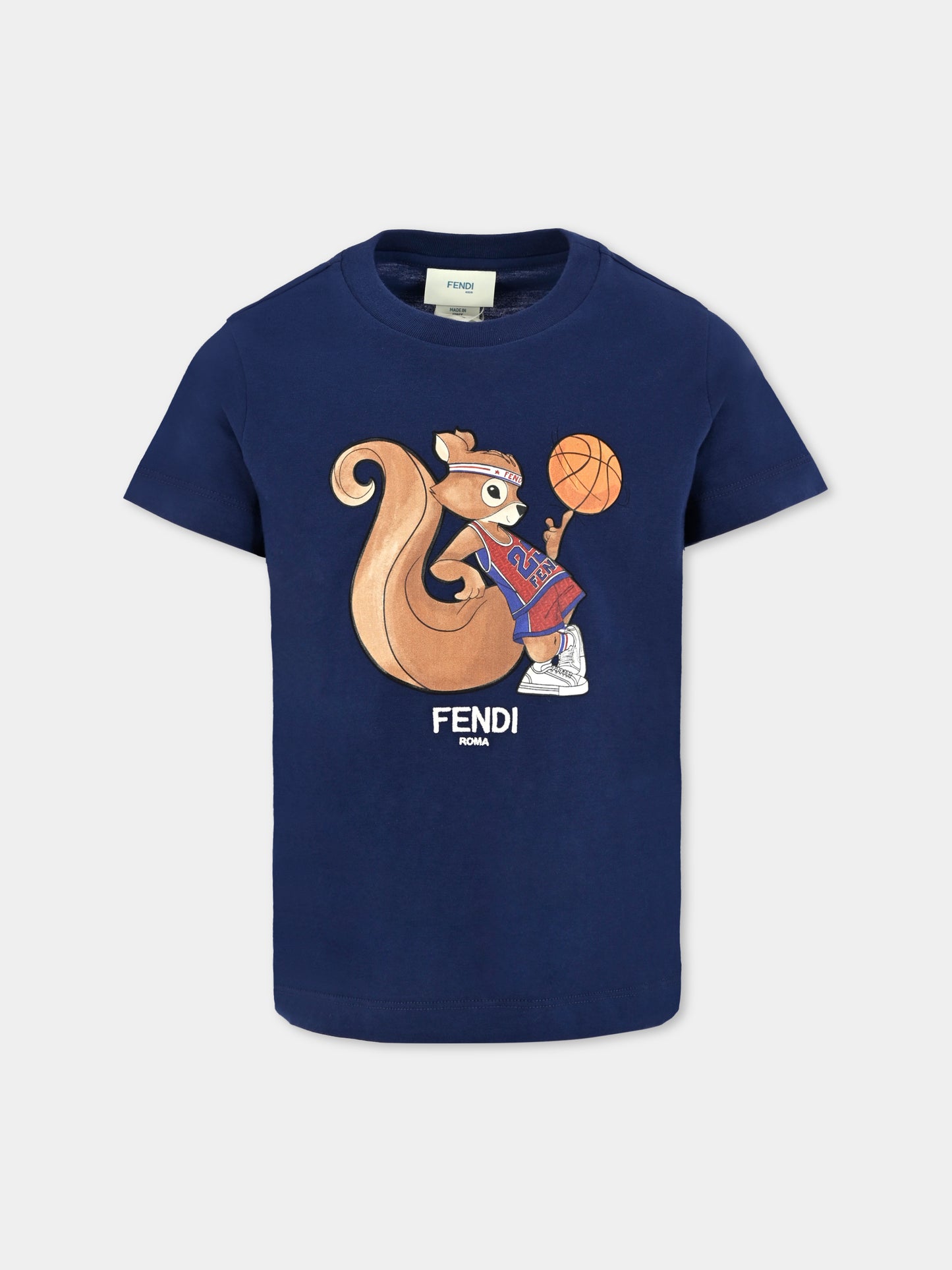 T-shirt blu per bambini con scoiattolo,Fendi Kids,JUI195 7AJ F1I11