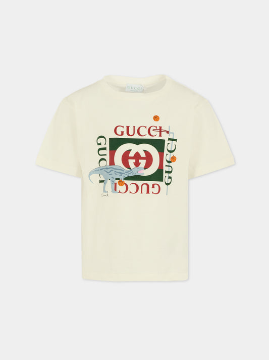 T-shirt bianca per bambini con dinosauro,Gucci Kids,575114 XJHFH 9214