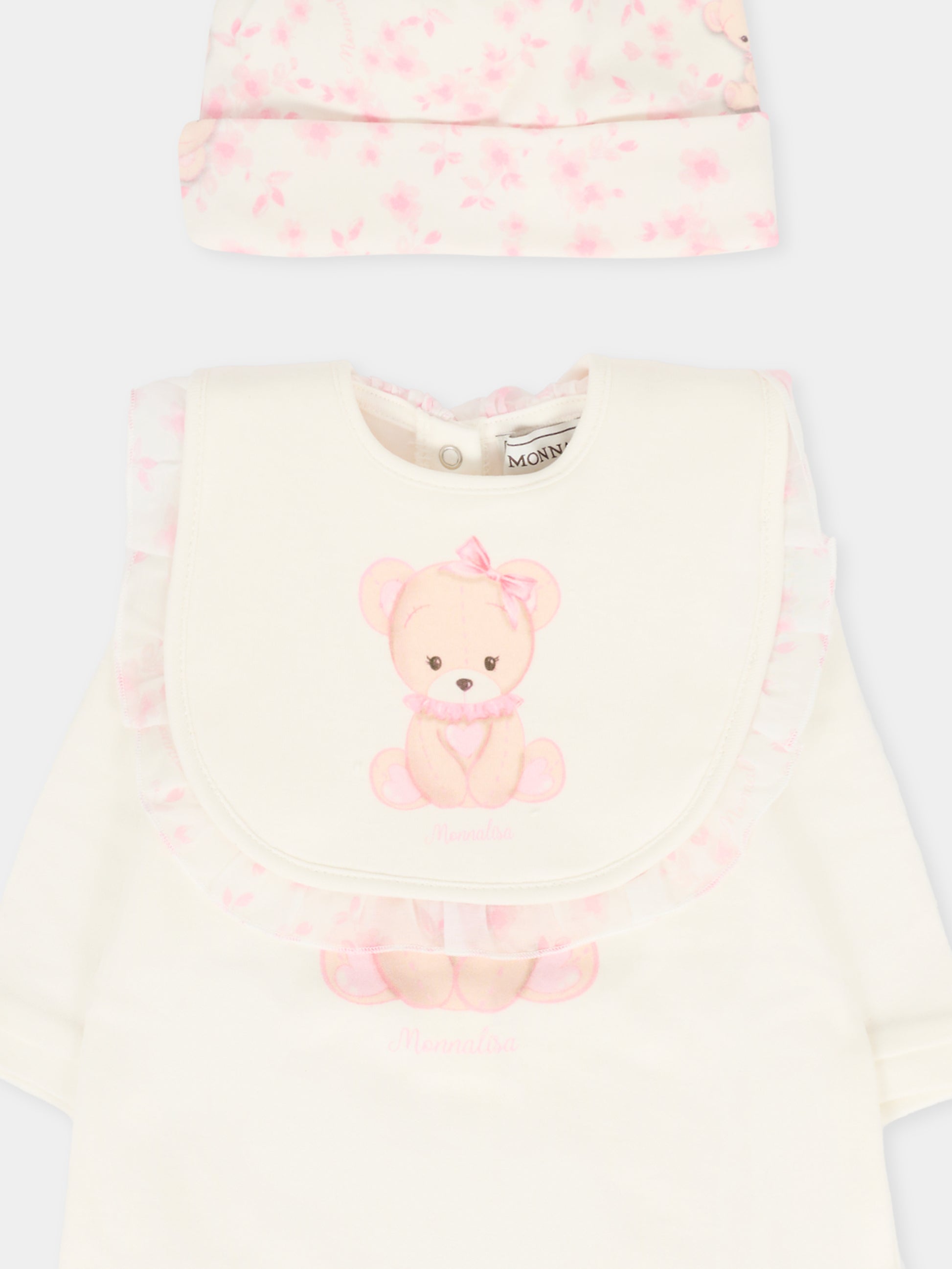Set tutina avorio per neonata con orsetto rosa,Monnalisa,35F508 6000 0191