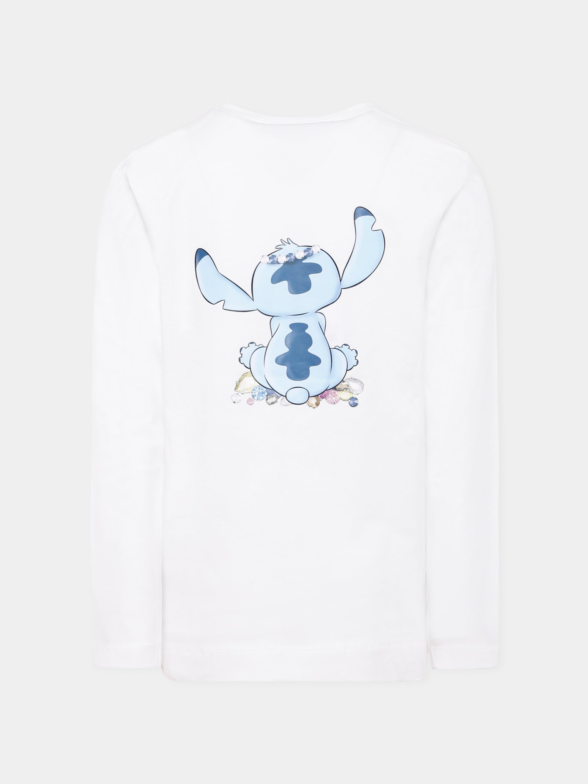 T-shirt bianca per bambina con stampa Stitch e strass,Monnalisa,19F610 6013 0001