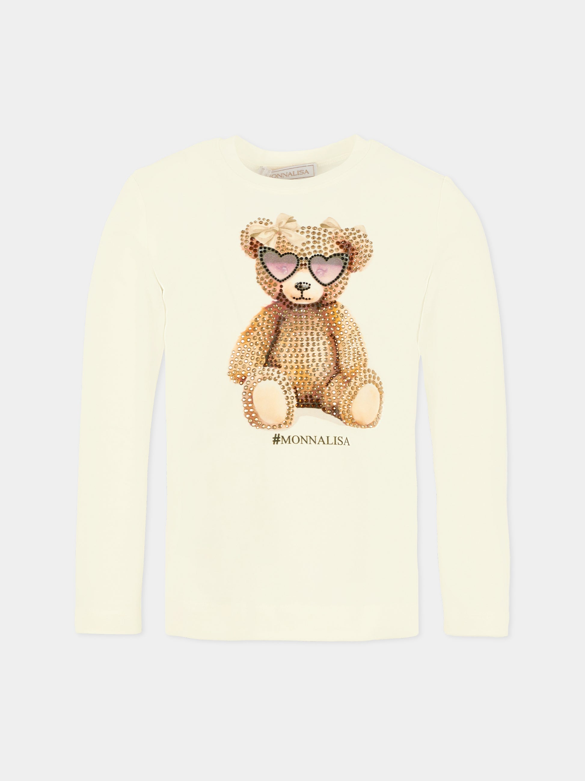 T-shirt bianca per bambina con orso e logo,Monnalisa,19F616 6003 0001