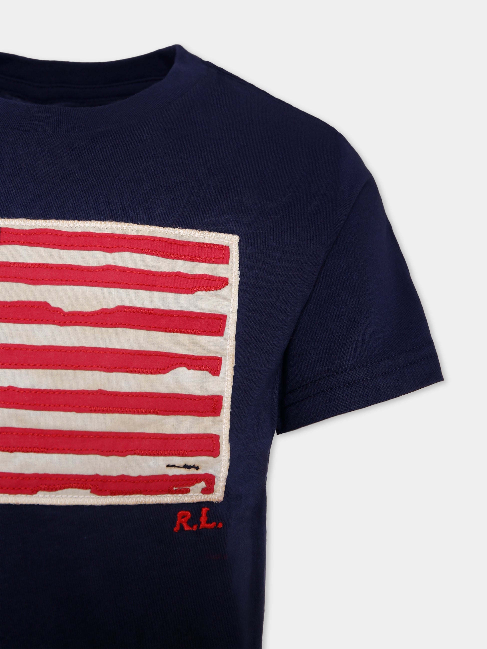 T-shirt blu per bambini con badiera americana,Ralph Lauren Kids,843794001