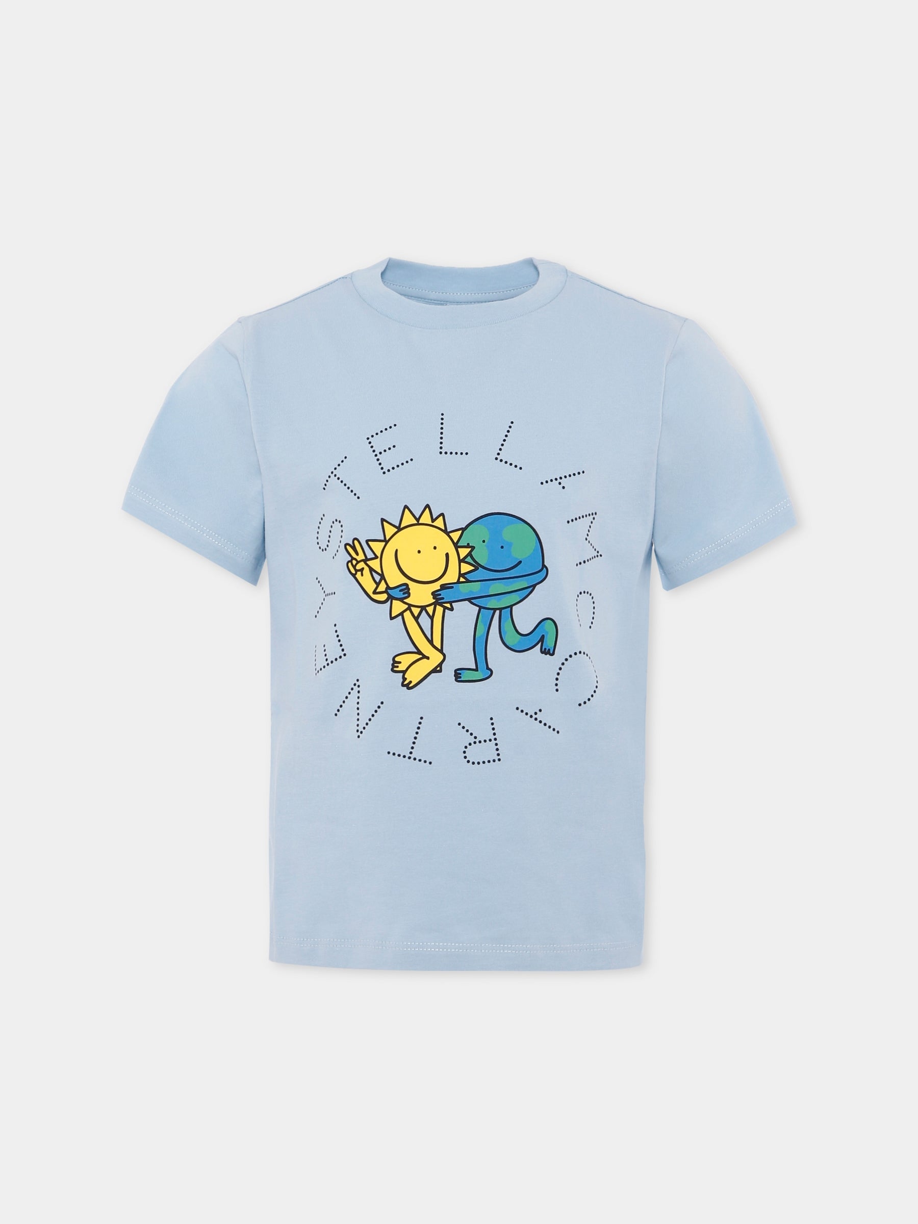 T-shirt celeste per bambino con sole e mondo sorridenti,Stella Mccartney Kids,TX8Q01 Z0434 670