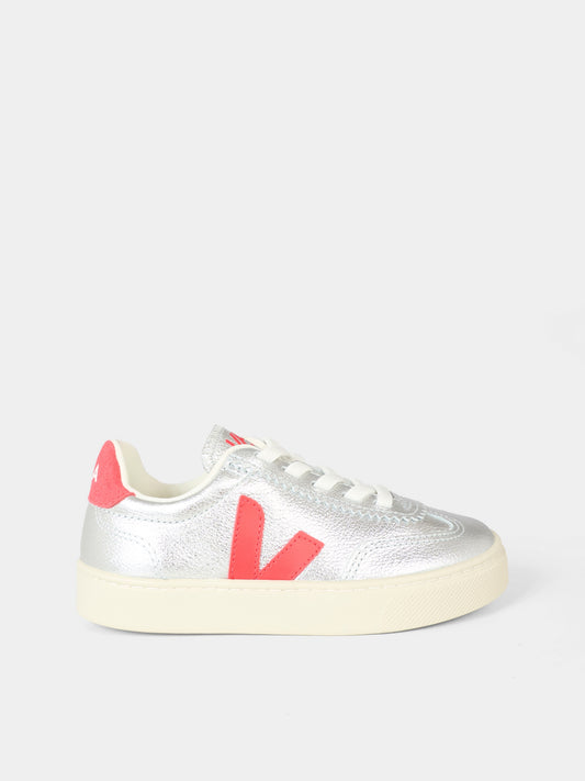 Sneakers argentate per bambina con logo rosso,Veja,SY2021183C