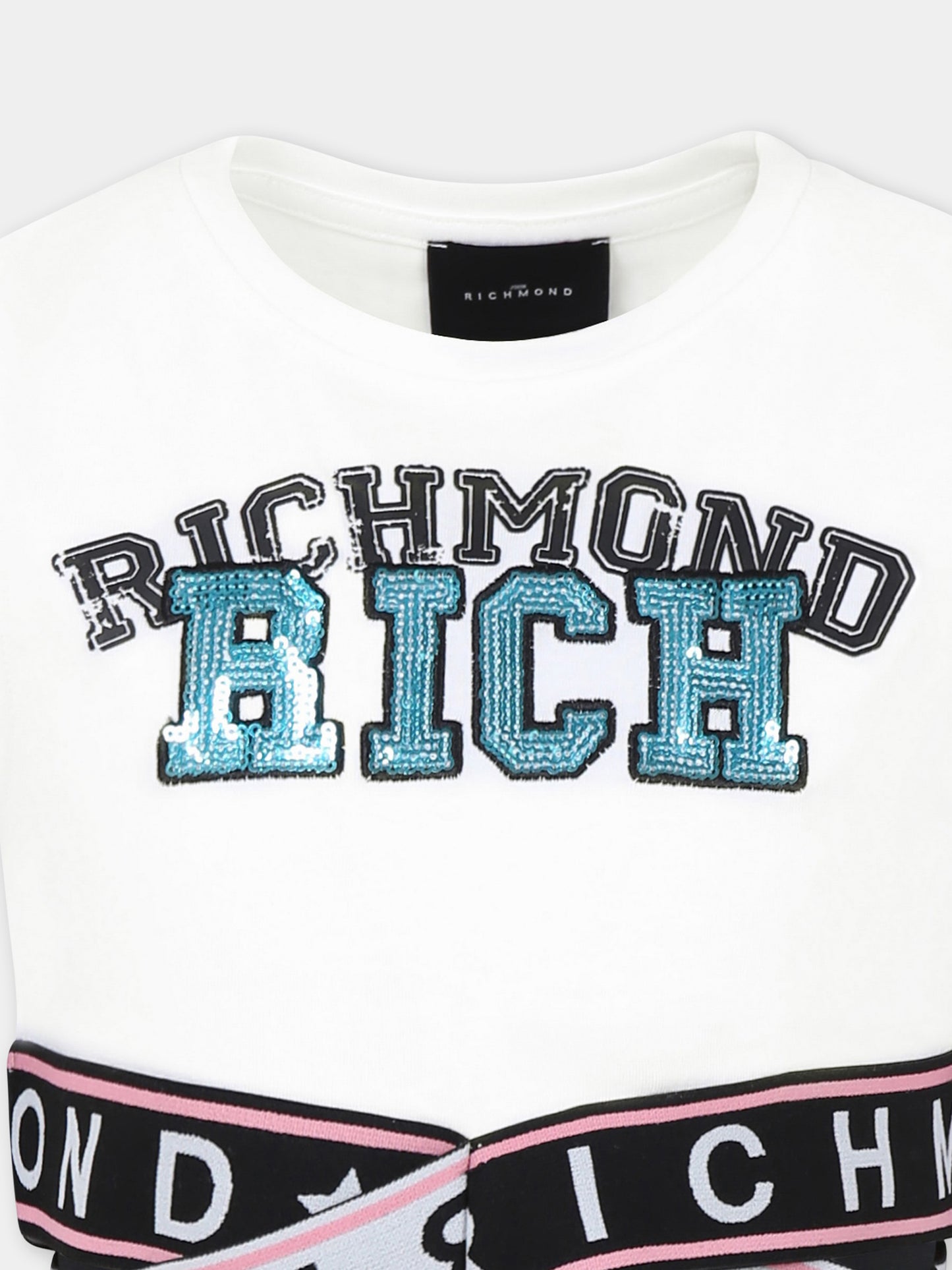 Top bianco crop per bambina con logo e paillettes