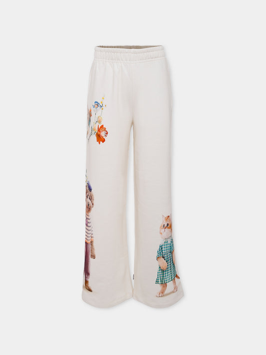 Pantaloni Aurita avorio per bambina con gatto e cane,Molo,2W25I205 9733