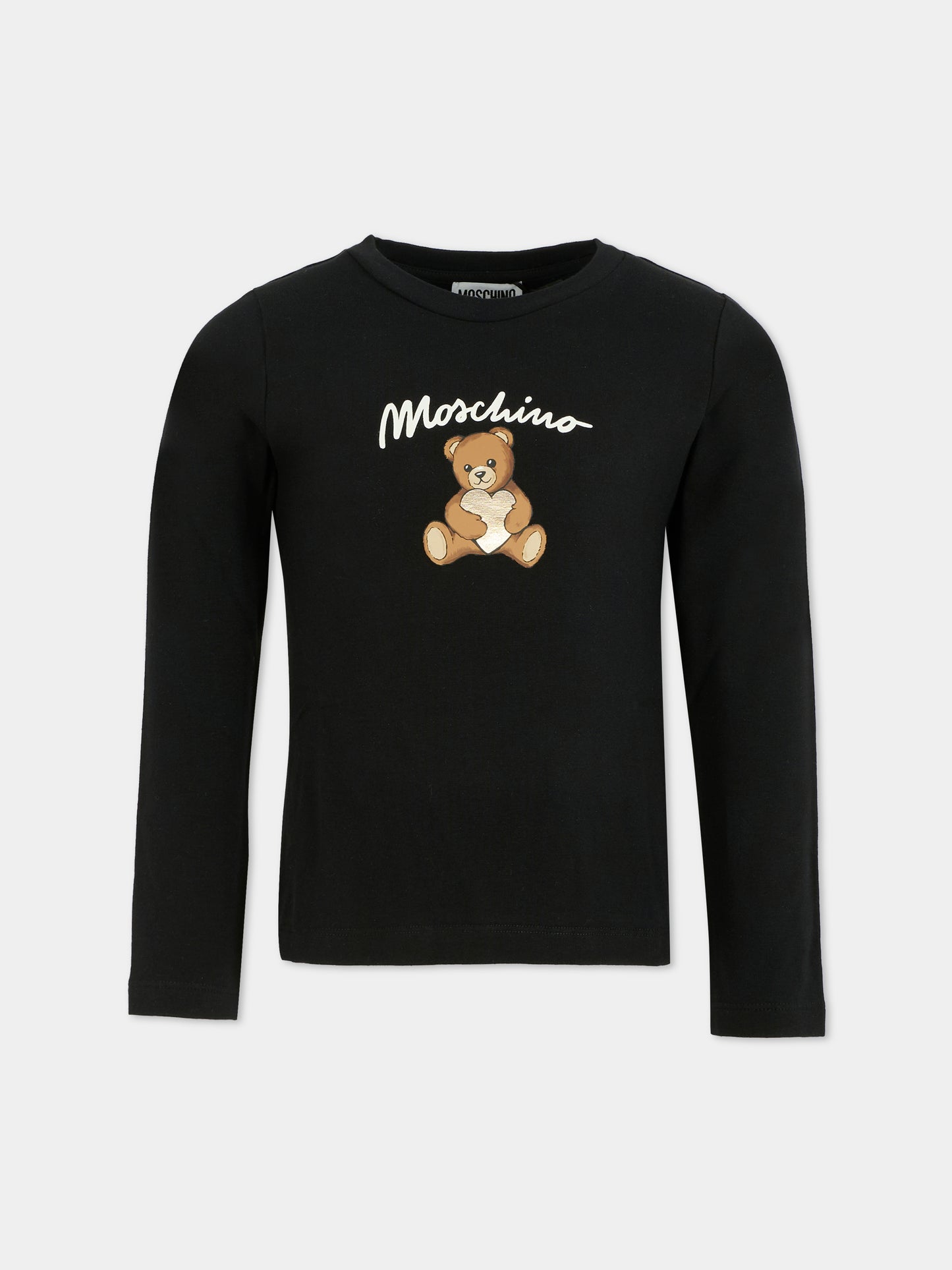 T-shirt nera per bambina con Teddy Bear e cuore,Moschino Kids,HDO010 LBA11 60100