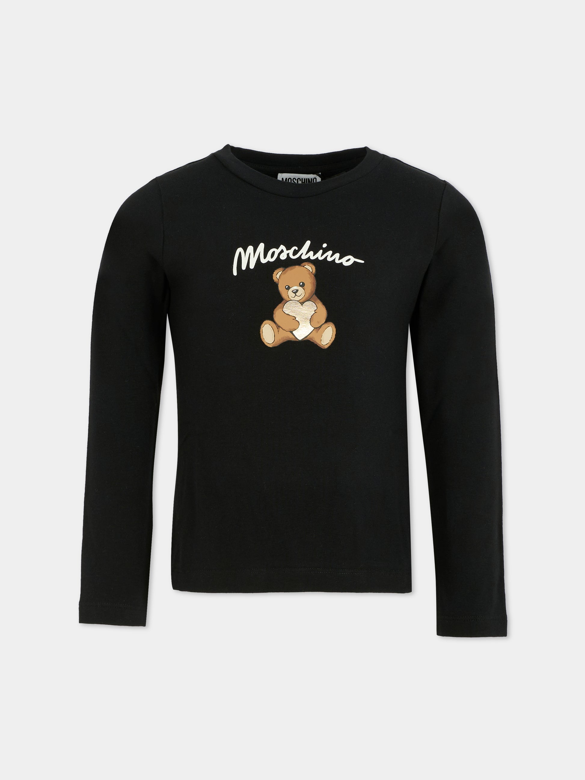 T-shirt nera per bambina con Teddy Bear e cuore,Moschino Kids,HDO010 LBA11 60100