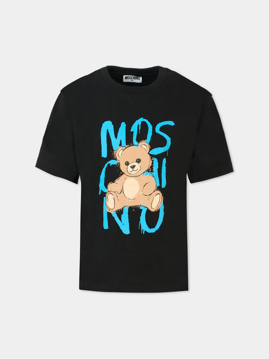T-shirt nera per bambino con Teddy Bear e logo,Moschino Kids,HNM05G LAA20 60100