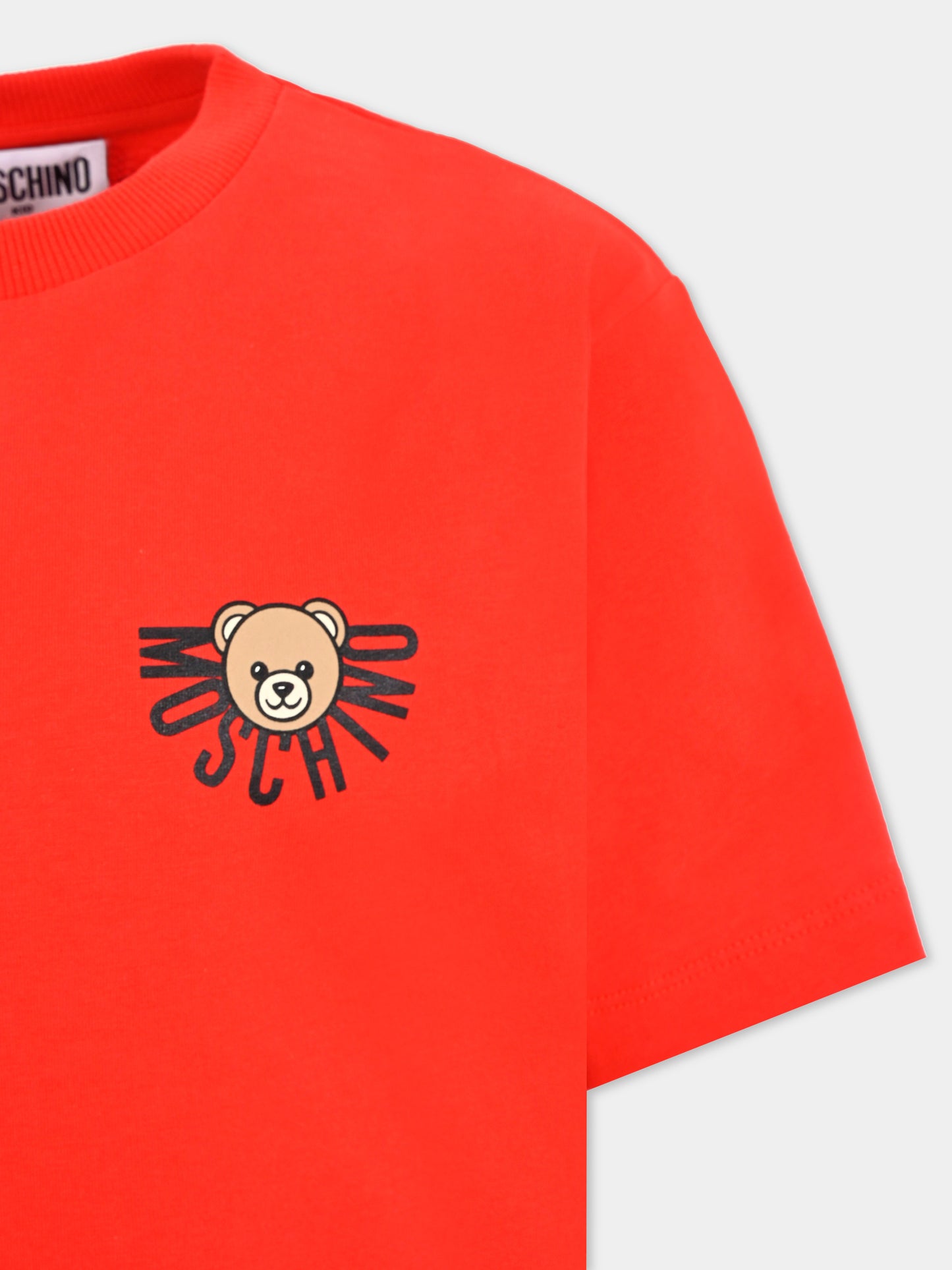 T-shirt rossa per bambini con logo e Teddy Bear,Moschino Kids,HOM05G LAA10 50109