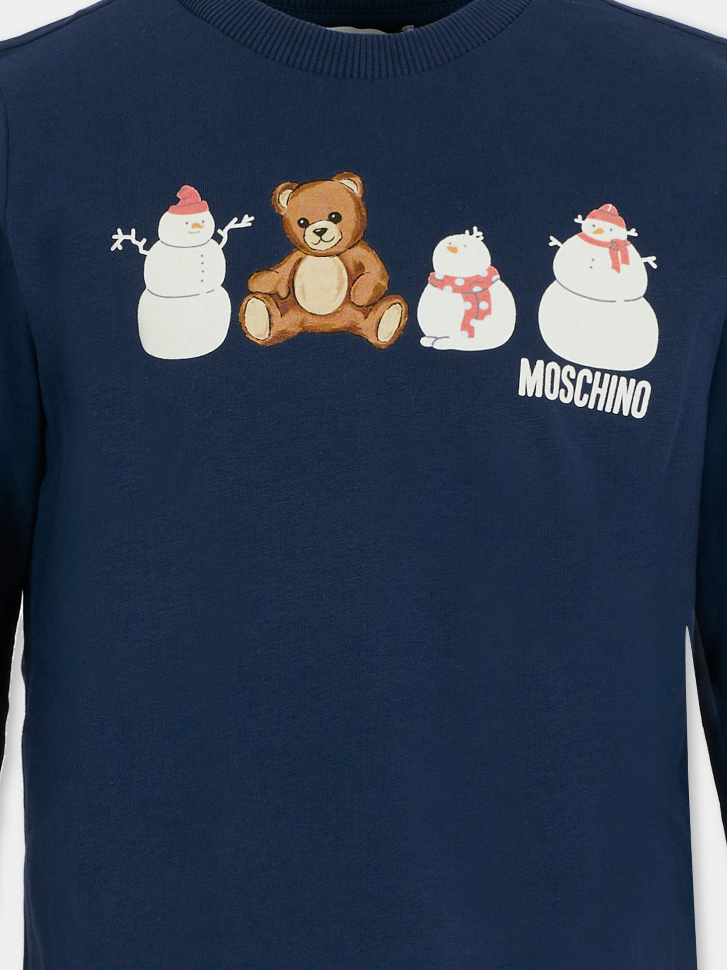 T-shirt blu per bambini con Teddy Bear e pupazzi di neve,Moschino Kids,HUO00Z LAA01 40016
