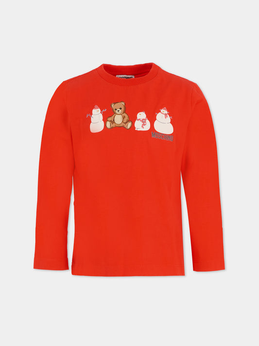 T-shirt rossa per bambini con Teddy Bear e pupazzi di neve,Moschino Kids,HUO00Z LAA01 50109