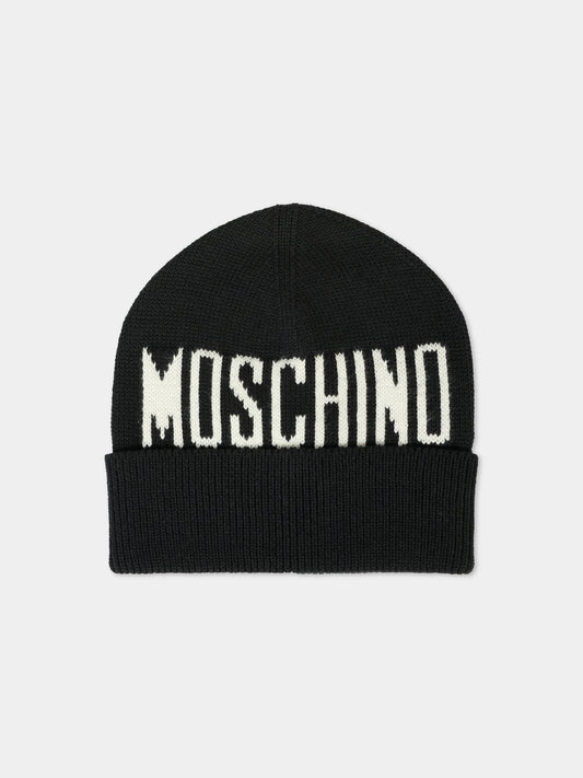Berretto nero per bambini con logo bianco,Moschino Kids,HUX02P LHE66 60100