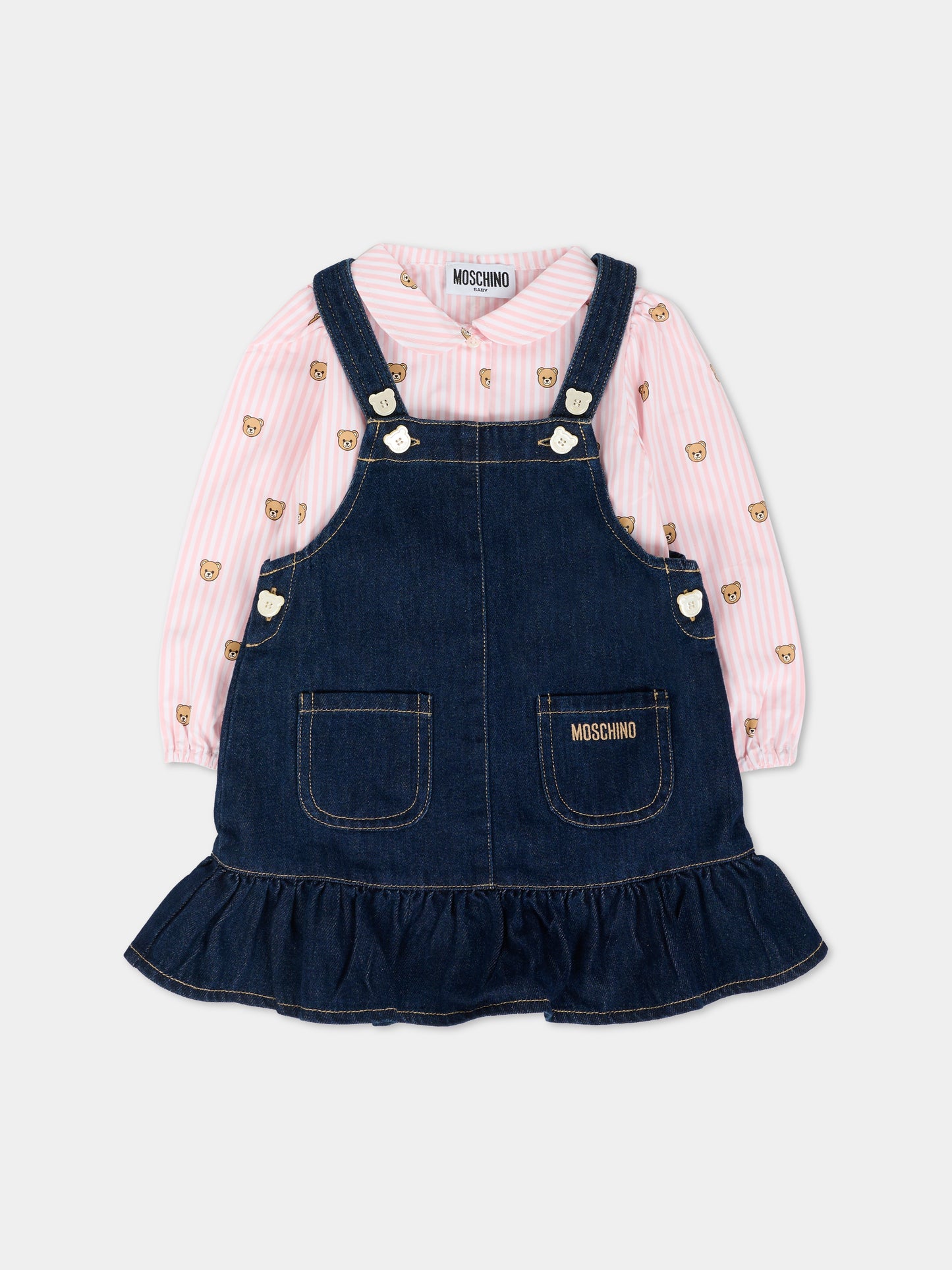 Salopette denim per neonata con Teddy Bear,Moschino Kids,MDK036 L0E34 40109
