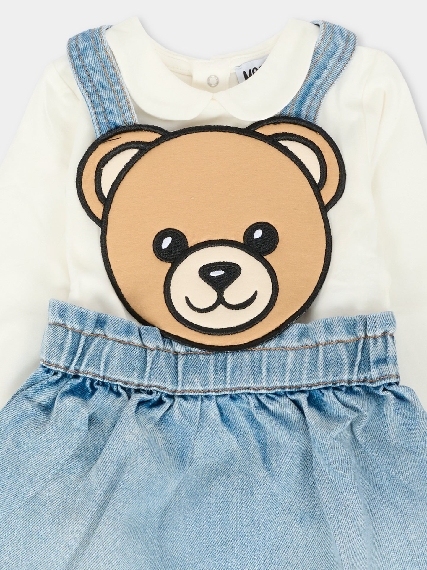 Salopette denim per neonata con Teddy Bear,Moschino Kids,MDK039 L0E36 40059