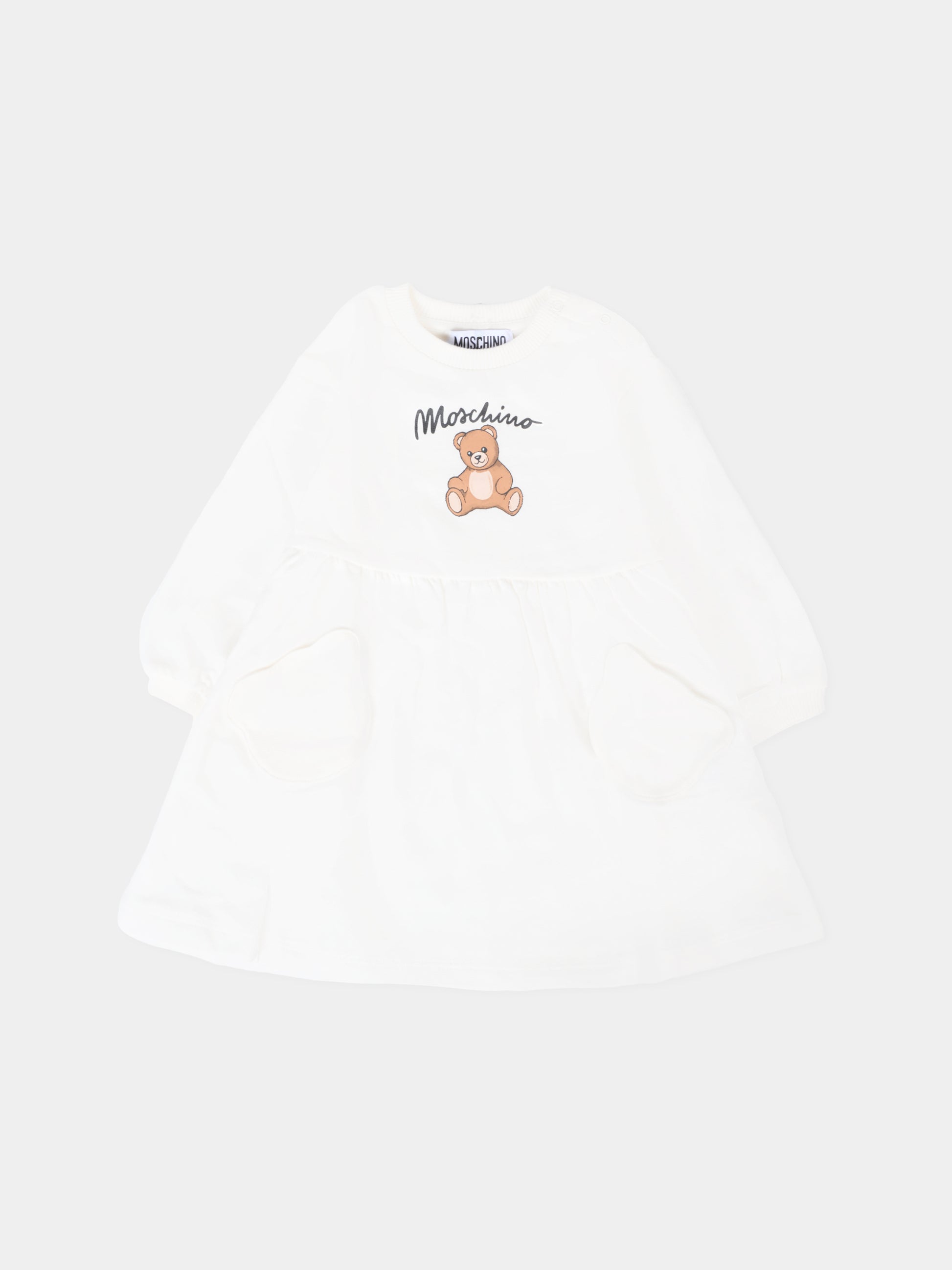 Vestito avorio per neonata con Teddy Bear e logo,Moschino Kids,MDV0CU LCA40 10063