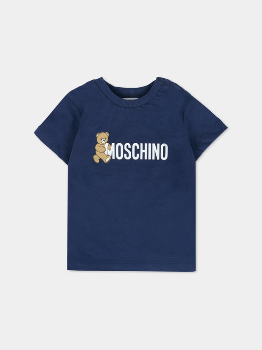 T-shirt blu per neonati con Teddy Bear e logo,Moschino Kids,MRM047 LAA34 40016