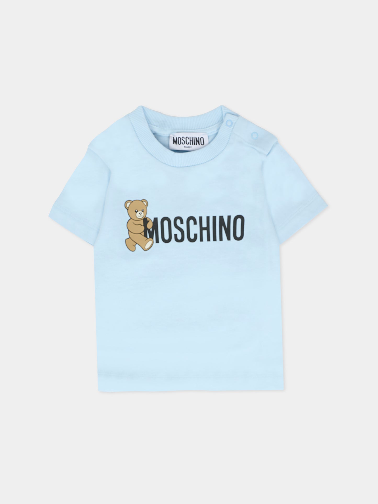 T-shirt celeste per neonato con Teddy Bear e logo,Moschino Kids,MRM047 LAA34 40304