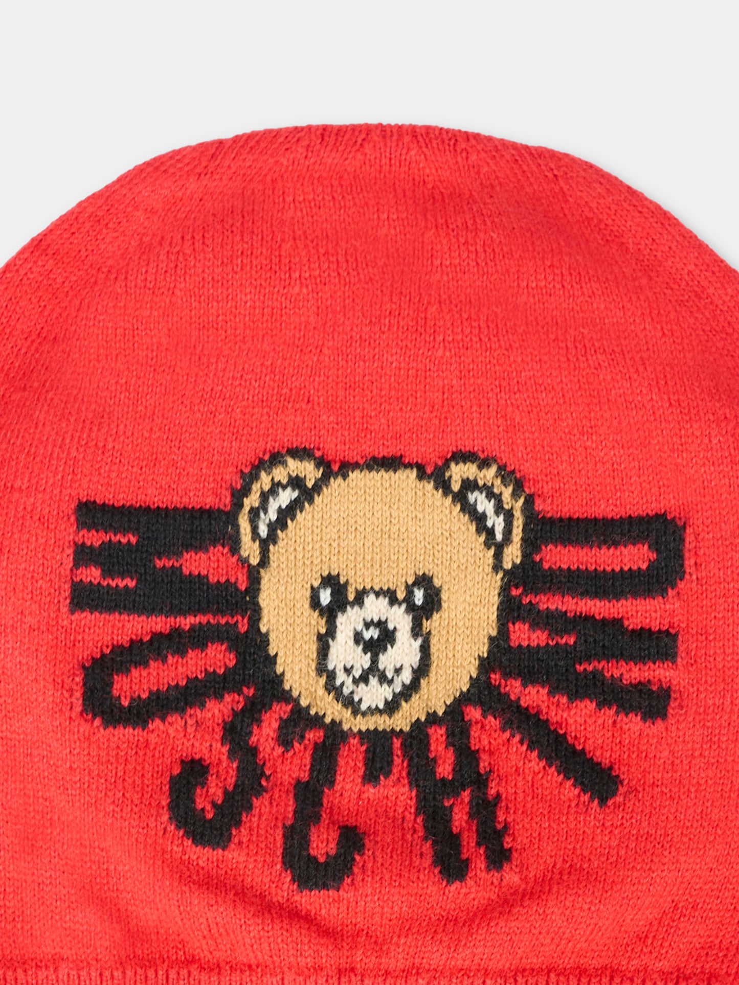 Berretto rosso per neonati con Teddy Bear e logo,Moschino Kids,MUX05K LHE43 50109