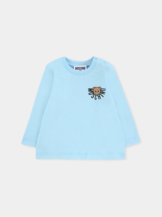 T-shirt celeste per neonato con logo e Teddy Bear,Moschino Kids,MVO00R LAA10 40304