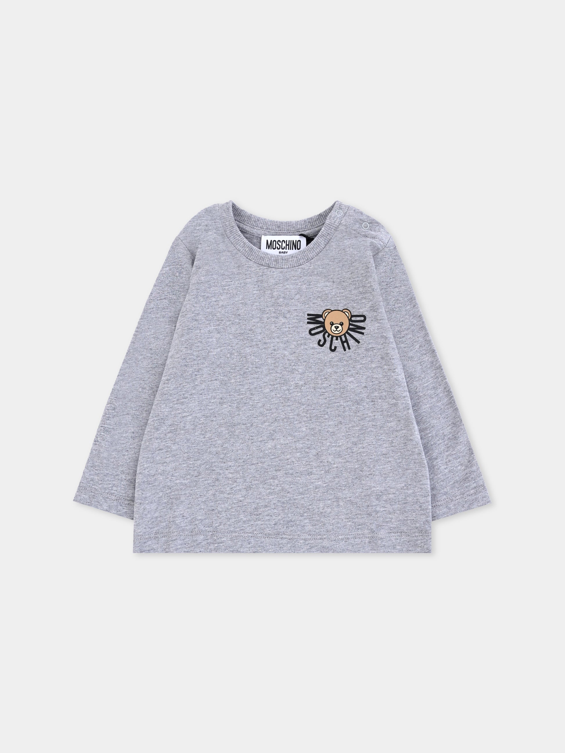 T-shirt grigia per neonati con logo e Teddy Bear,Moschino Kids,MVO00R LAA10 60901