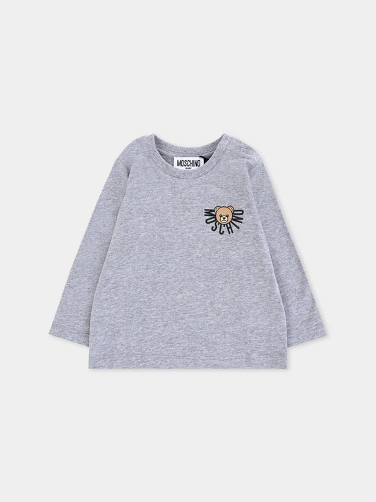 T-shirt grigia per neonati con logo e Teddy Bear,Moschino Kids,MVO00R LAA10 60901