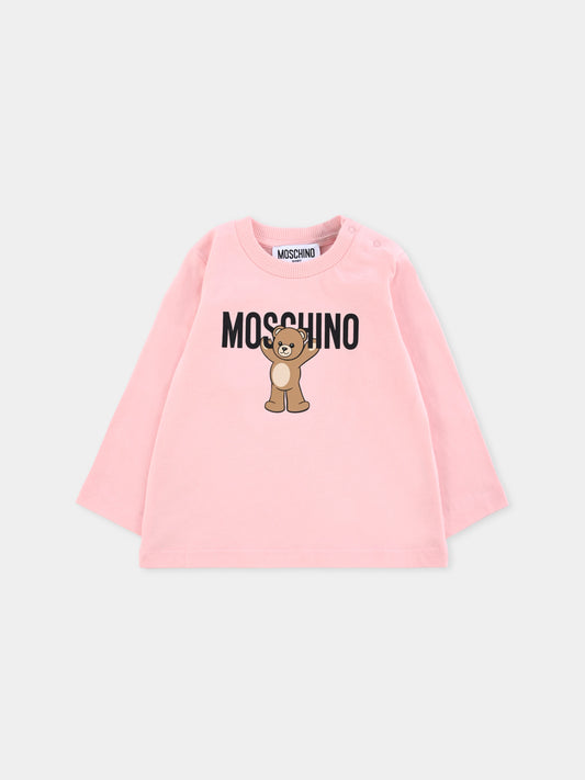 T-shirt rosa per neonata con logo e Teddy Bear,Moschino Kids,MZO00R LAA10 50209