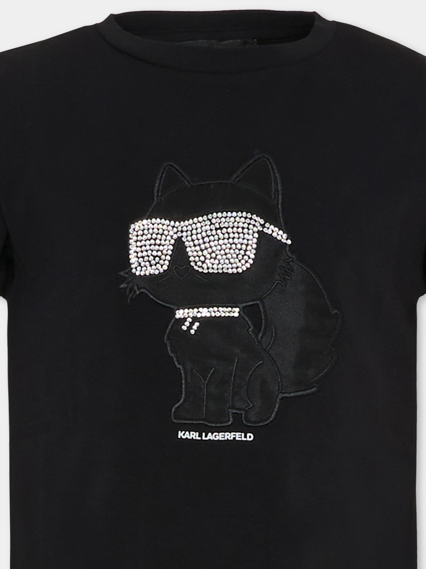 T-shirt nera per bambina con Choupette e strass,Karl Lagerfeld Kids,Z30945 09B
