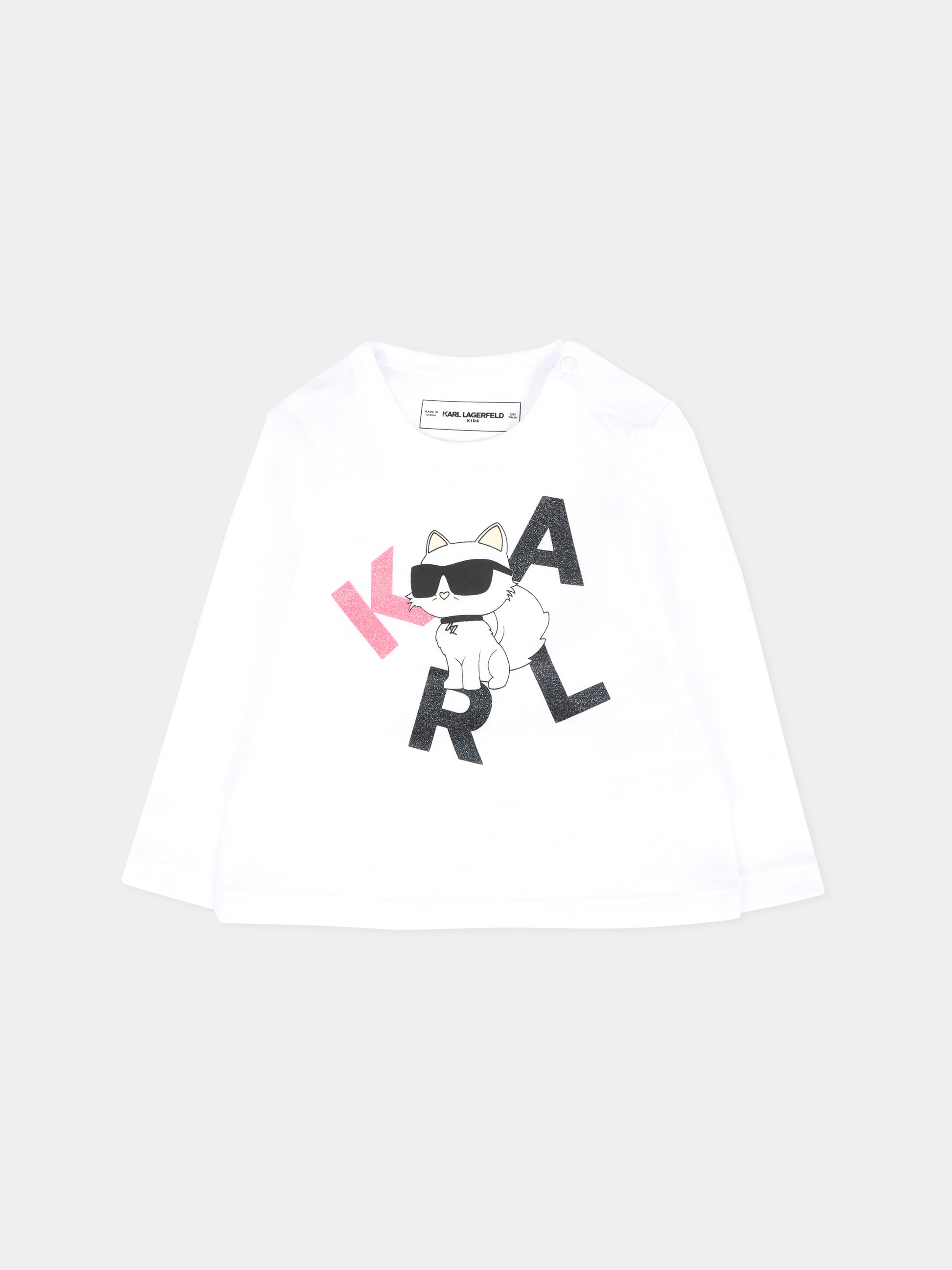 T-shirt bianca per neonata con Choupette e logo,Karl Lagerfeld Kids,Z30962 10P