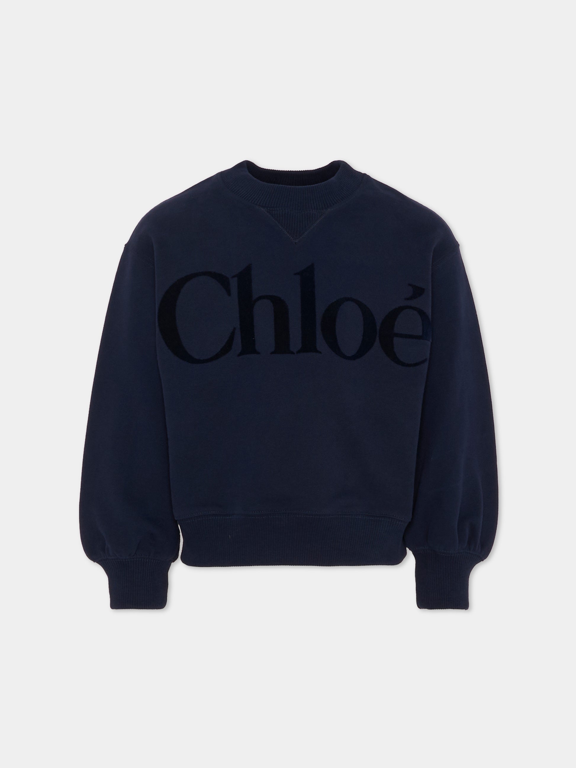 Felpa blu per bambina con logo in velluto,Chloé Kids,C20649 859