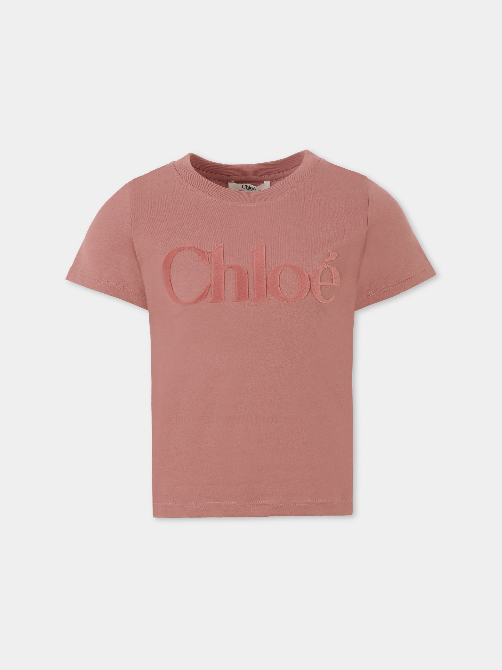 T-shirt rosa per bambina con logo in velluto,Chloé Kids,C20652 47K