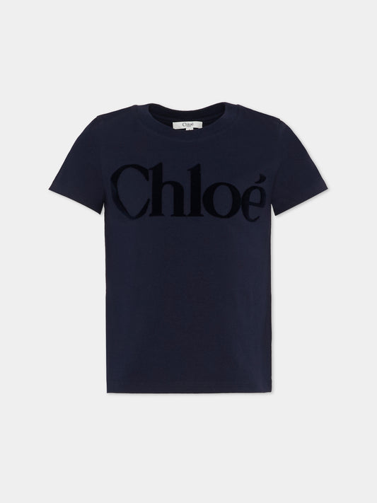 T-shirt blu per bambina con logo in velluto,Chloé Kids,C20652 859