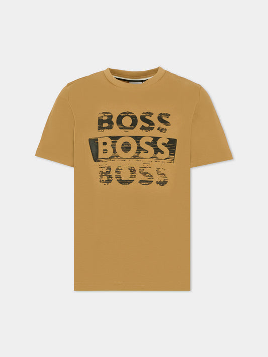 T-shirt beige per bambino con logo,Boss,J52366 269