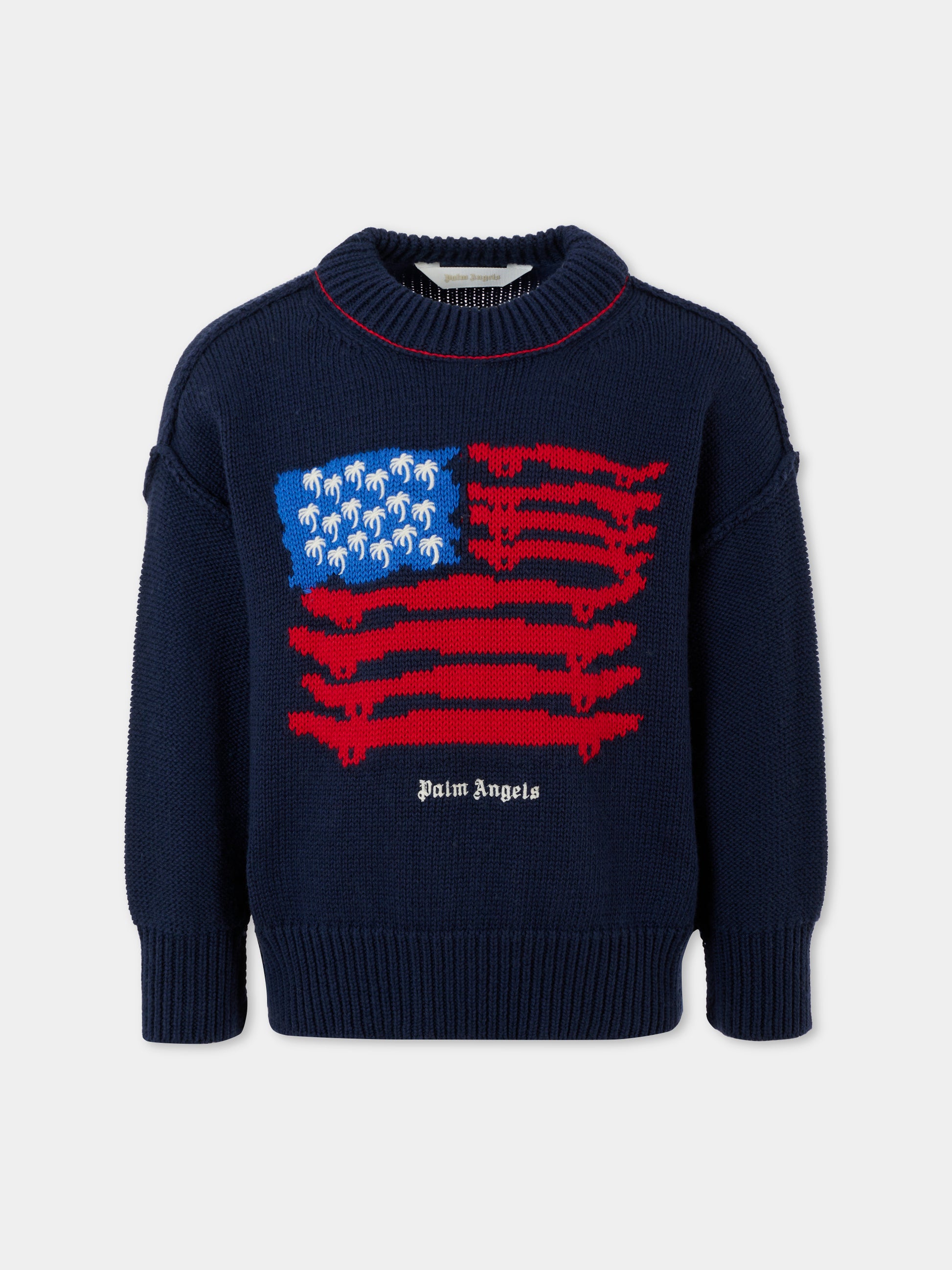 Maglione blu per bambino con bandiera america,Palm Angels,PBHE002F25KNI0034625