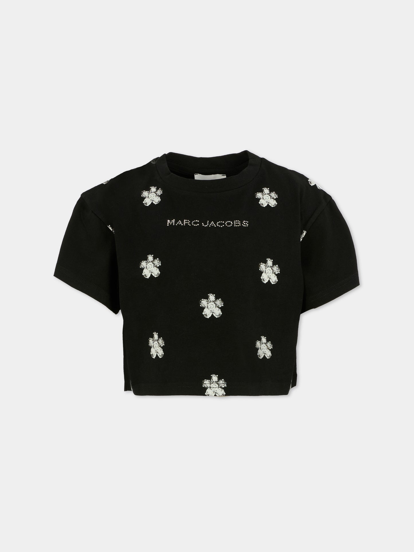 T-shirt crop nera per bambina con fiori all over,Marc Jacobs,W60582 09B