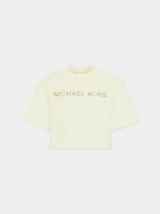 T-shirt crop avorio per bambina con logo,Michael Kors,R30499 117
