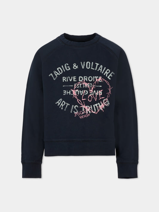 Felpa blu per bambina con logo,Zadig & Voltaire Kids,X60436 83D