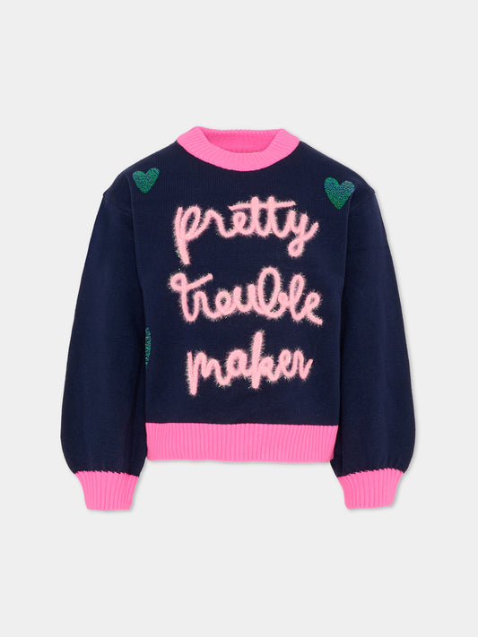 Maglione blu per bambina con cuori,Billieblush,U21378 85T