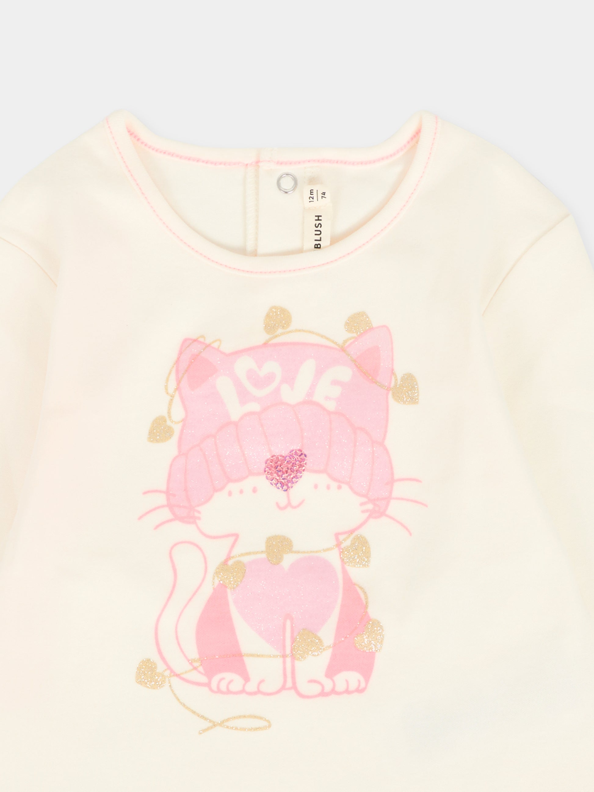 T-shirt avorio per neonata con gatto,Billieblush,U21462 121