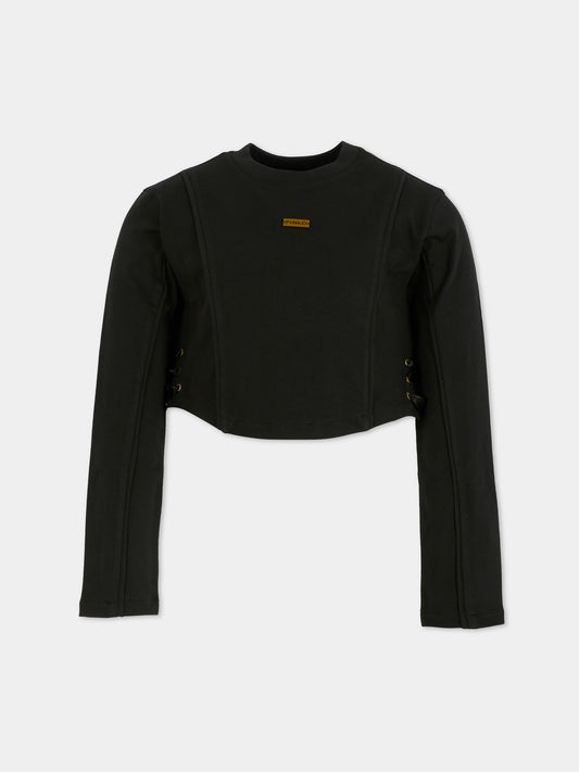 T-shirt crop nera per bambina con logo