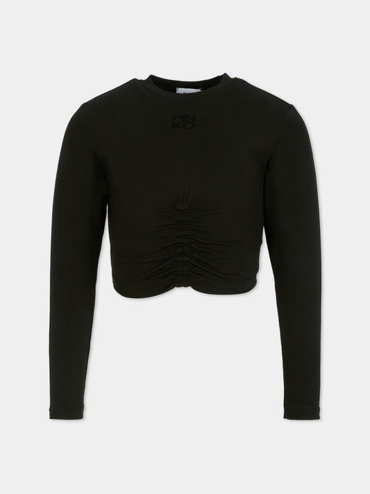 T-shirt crop nera per bambina con logo
