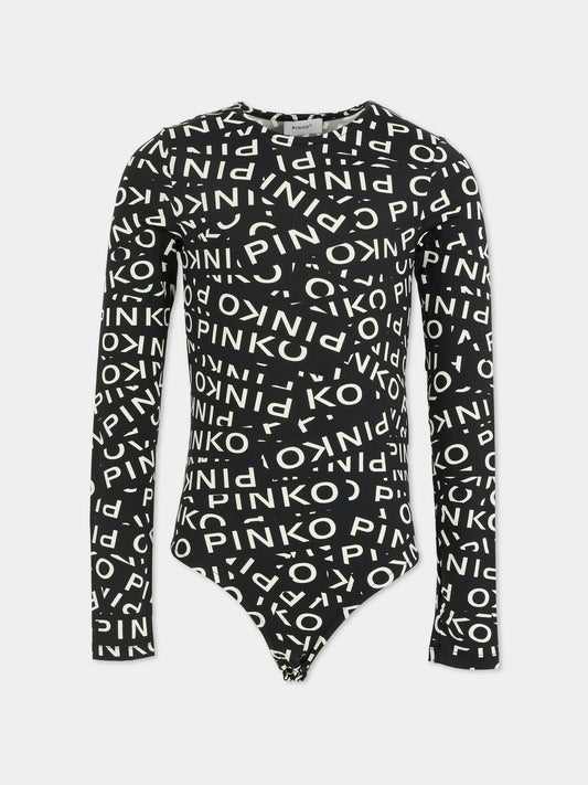 Body nero per bambina con logo all over,Pinko,KFBD003.C.LY003.D002